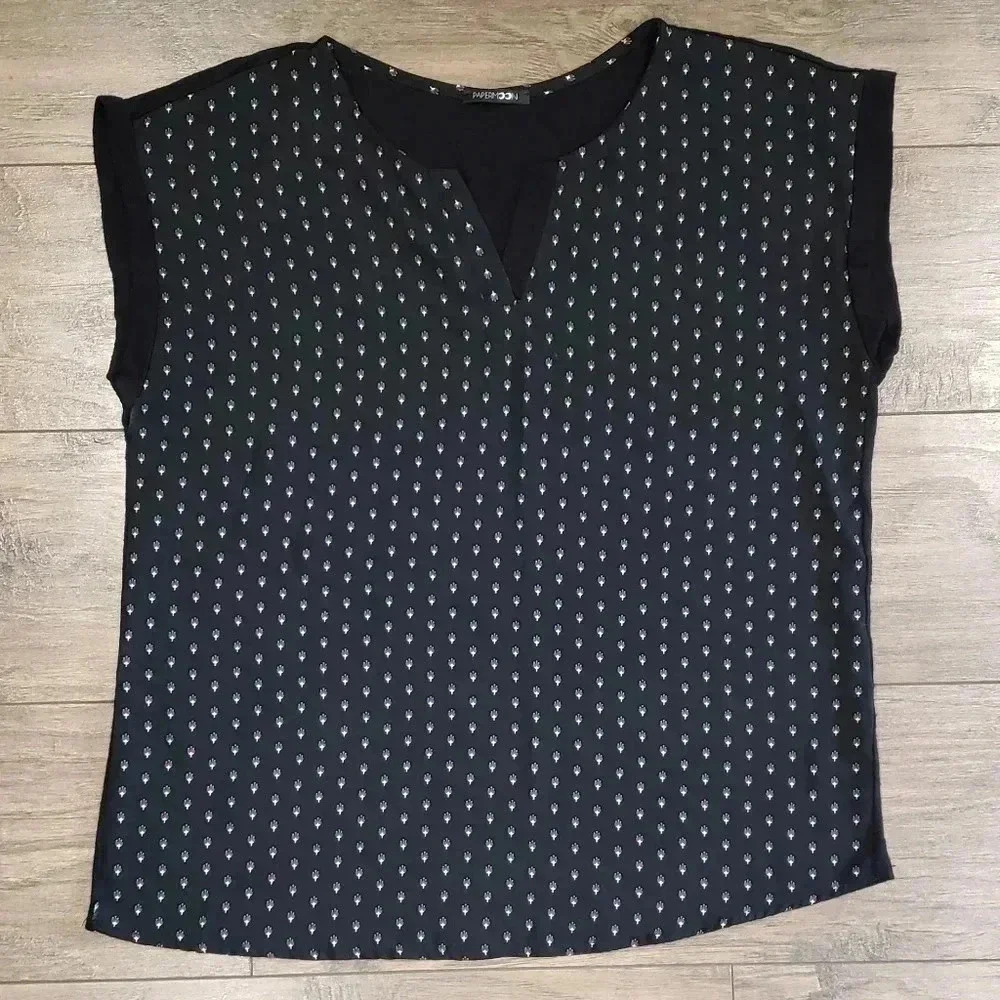 PAPER MOON Black Blouse with Purple Flowers Size Medium